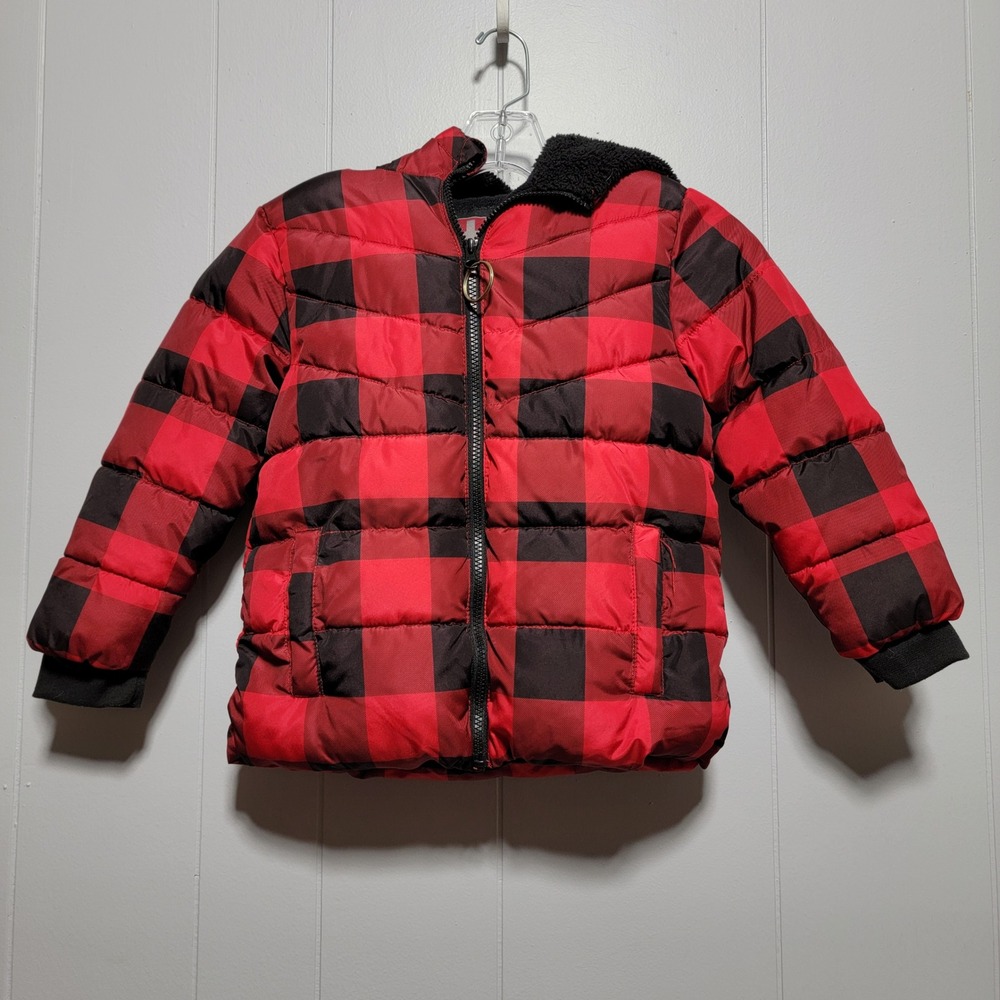 Swiss Tech Kids Red Black Buffalo Plaid Puffer Jacket Hooded Coat 5T SW3310